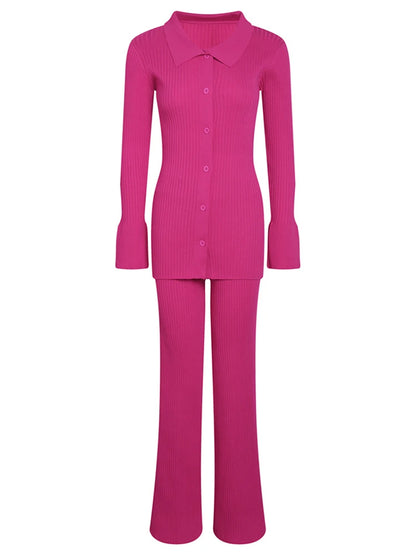 Conjunto de dos piezas para mujer, ropa de casa, informal, de punto, con camisa de manga larga y pantalones anchos, para otoño