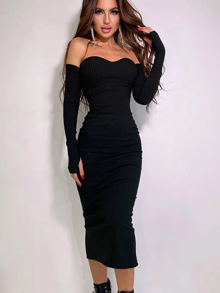 Off Shoulder Knitted Dress Autumn Women Long Sleeve Strapless Bodycon Maxi Dresses Elegant Evening Party Vestidos Female