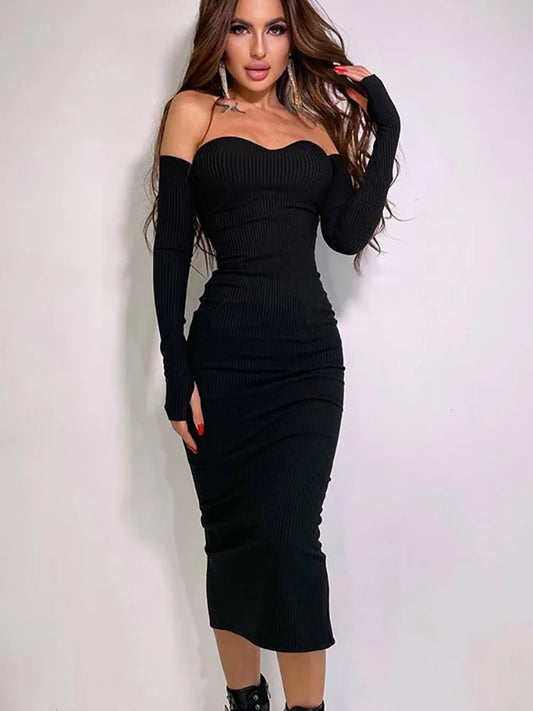 Off Shoulder Knitted Dress Autumn Women Long Sleeve Strapless Bodycon Maxi Dresses Elegant Evening Party Vestidos Female