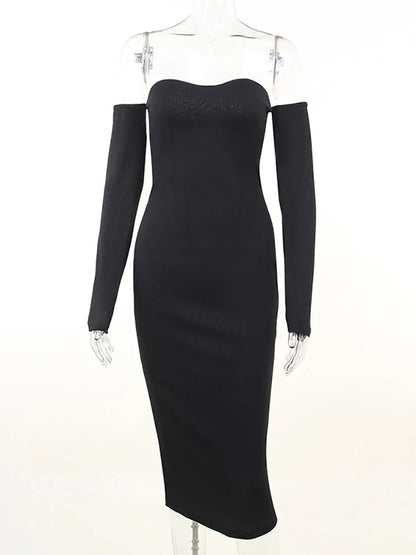 Off Shoulder Knitted Dress Autumn Women Long Sleeve Strapless Bodycon Maxi Dresses Elegant Evening Party Vestidos Female
