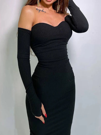 Off Shoulder Knitted Dress Autumn Women Long Sleeve Strapless Bodycon Maxi Dresses Elegant Evening Party Vestidos Female
