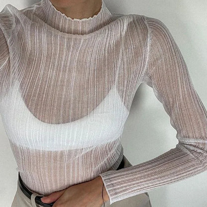 See Through Knitted T-Shirts Women 2025 Autumn White Long Sleeve Mock Neck Tops Femme Elegant High Street Slim Tops Tee