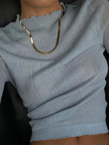 See Through Knitted T-Shirts Women 2025 Autumn White Long Sleeve Mock Neck Tops Femme Elegant High Street Slim Tops Tee