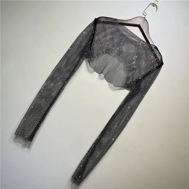 Sparkly Crystal T-shirts Women O-Neck Hollow Out Sexy See Through Tank Tops Night Partywear Crop Shirts Tee Y2K Tops 2025