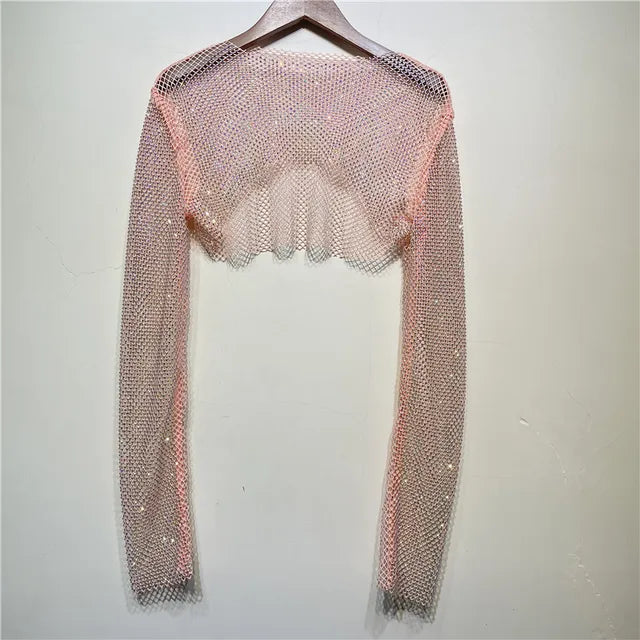 Sparkly Crystal T-shirts Women O-Neck Hollow Out Sexy See Through Tank Tops Night Partywear Crop Shirts Tee Y2K Tops 2025