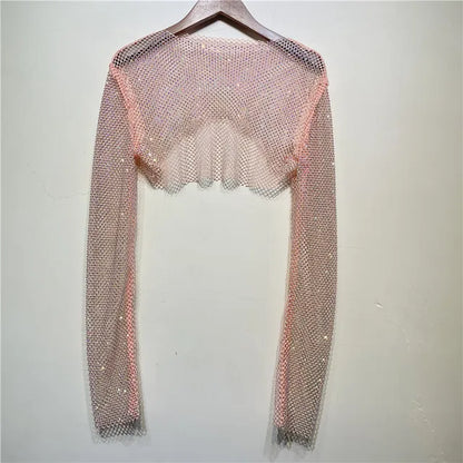Sparkly Crystal T-shirts Women O-Neck Hollow Out Sexy See Through Tank Tops Night Partywear Crop Shirts Tee Y2K Tops 2025