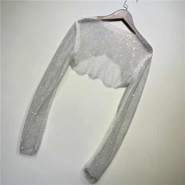 Sparkly Crystal T-shirts Women O-Neck Hollow Out Sexy See Through Tank Tops Night Partywear Crop Shirts Tee Y2K Tops 2025