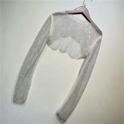Sparkly Crystal T-shirts Women O-Neck Hollow Out Sexy See Through Tank Tops Night Partywear Crop Shirts Tee Y2K Tops 2025