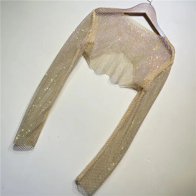 Sparkly Crystal T-shirts Women O-Neck Hollow Out Sexy See Through Tank Tops Night Partywear Crop Shirts Tee Y2K Tops 2025