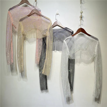 Sparkly Crystal T-shirts Women O-Neck Hollow Out Sexy See Through Tank Tops Night Partywear Crop Shirts Tee Y2K Tops 2025