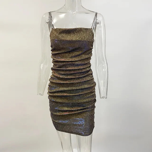 Vestido de fiesta brillante para mujer, con tirantes de diamantes de imitación, plisado, sexy, ajustado, minivestido elegante para mujer, sin mangas, vestidos de noche