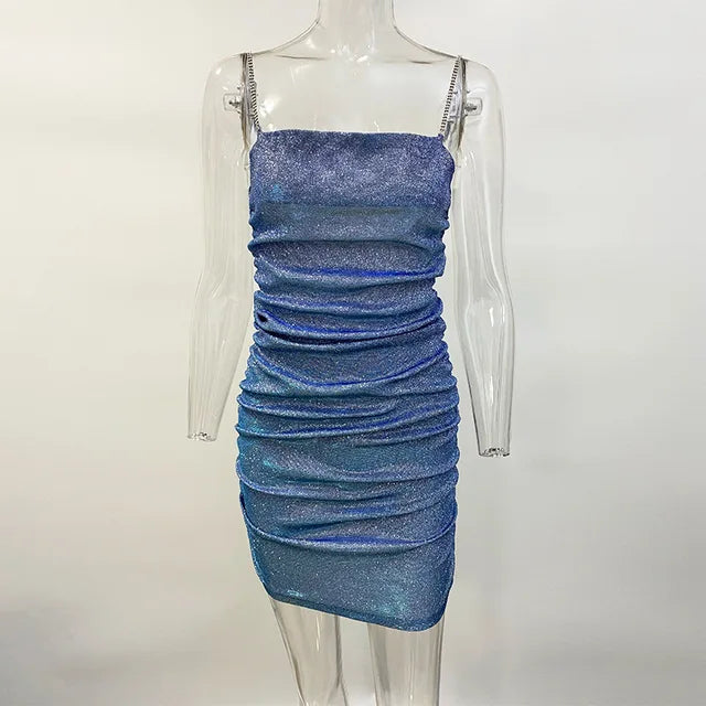 Vestido de fiesta brillante para mujer, con tirantes de diamantes de imitación, plisado, sexy, ajustado, minivestido elegante para mujer, sin mangas, vestidos de noche