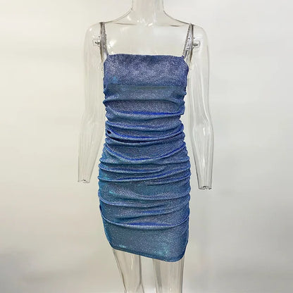 Vestido de fiesta brillante para mujer, con tirantes de diamantes de imitación, plisado, sexy, ajustado, minivestido elegante para mujer, sin mangas, vestidos de noche