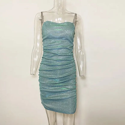 Vestido de fiesta brillante para mujer, con tirantes de diamantes de imitación, plisado, sexy, ajustado, minivestido elegante para mujer, sin mangas, vestidos de noche
