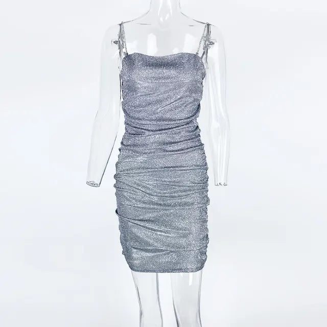 Vestido de fiesta brillante para mujer, con tirantes de diamantes de imitación, plisado, sexy, ajustado, minivestido elegante para mujer, sin mangas, vestidos de noche