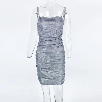 Vestido de fiesta brillante para mujer, con tirantes de diamantes de imitación, plisado, sexy, ajustado, minivestido elegante para mujer, sin mangas, vestidos de noche