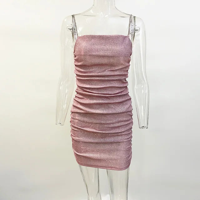 Vestido de fiesta brillante para mujer, con tirantes de diamantes de imitación, plisado, sexy, ajustado, minivestido elegante para mujer, sin mangas, vestidos de noche