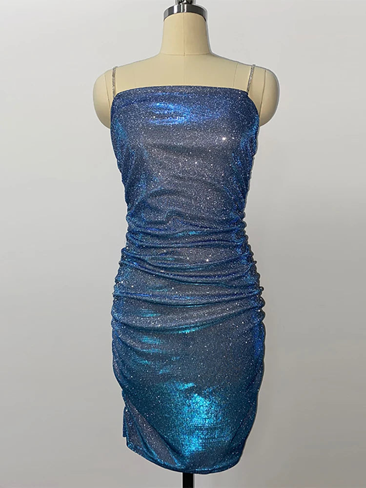 Vestido de fiesta brillante para mujer, con tirantes de diamantes de imitación, plisado, sexy, ajustado, minivestido elegante para mujer, sin mangas, vestidos de noche