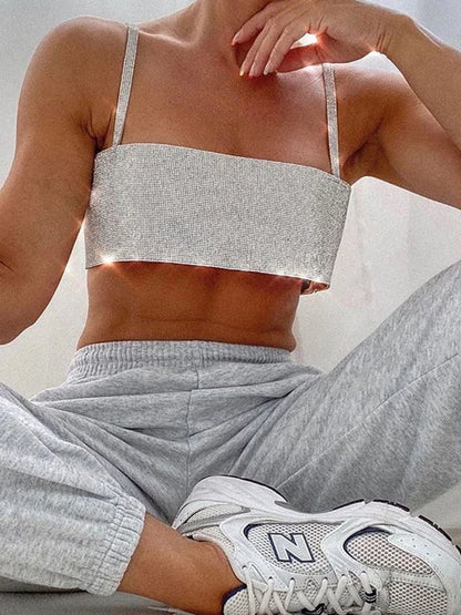 Sparkly Y2K Tops Women Summer Suspender Sleeveless Sexy Crop Top 2025 Femme Elegant Night Party Basic Cute Tops Tee
