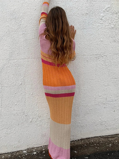 Vestido de punto a rayas para mujer, vestido maxi ajustado de manga larga sexy para otoño 2025, vestido de fiesta en la playa Y2K para vacaciones