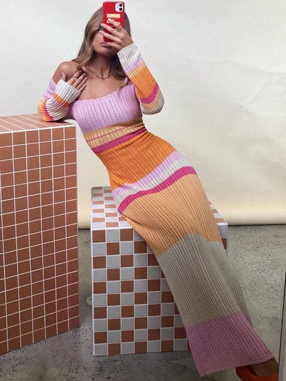 Vestido de punto a rayas para mujer, vestido maxi ajustado de manga larga sexy para otoño 2025, vestido de fiesta en la playa Y2K para vacaciones
