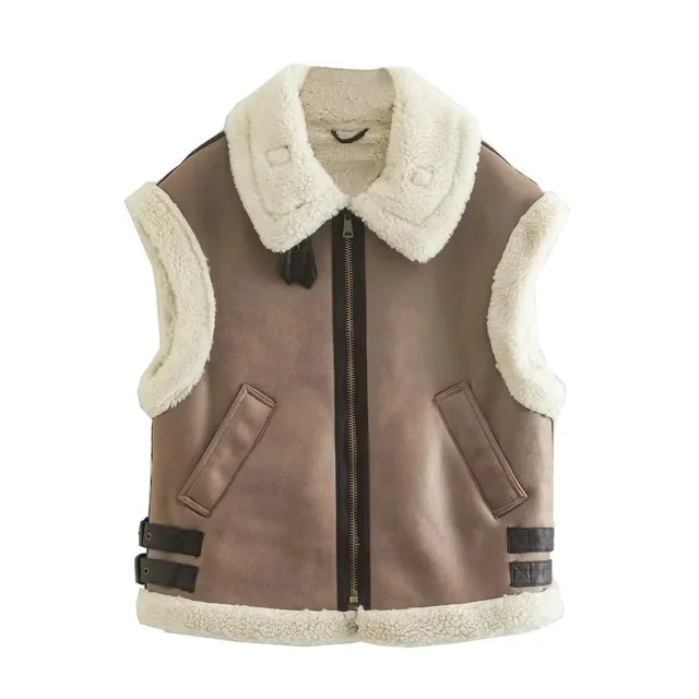 Suede Leather Thick Fleece Jacket Autumn Winter Women Splice Sleeveless Faux Shearling Jackets Vest Y2K Cardigans Coats