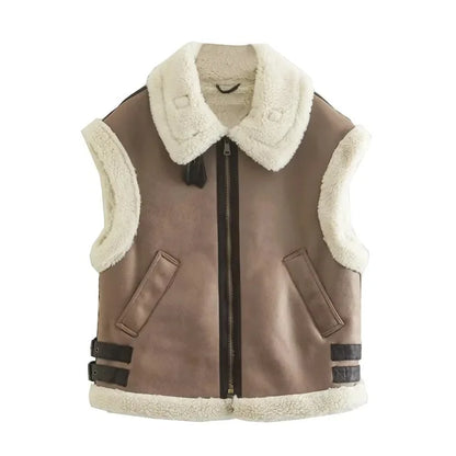 Suede Leather Thick Fleece Jacket Autumn Winter Women Splice Sleeveless Faux Shearling Jackets Vest Y2K Cardigans Coats