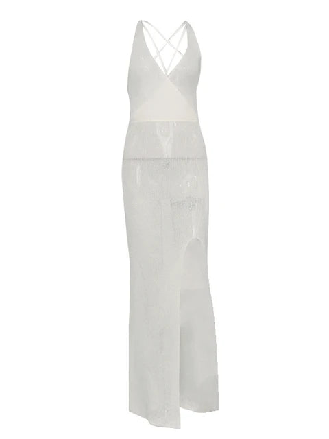 Summer Beach Dress Women V-Neck Backless Split Sexy Long Dress White Sleeveless See Through Party Vestidos 2025