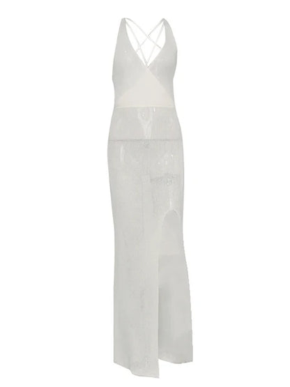 Summer Beach Dress Women V-Neck Backless Split Sexy Long Dress White Sleeveless See Through Party Vestidos 2025