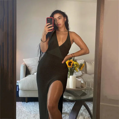 Summer Beach Dress Women V-Neck Backless Split Sexy Long Dress White Sleeveless See Through Party Vestidos 2025