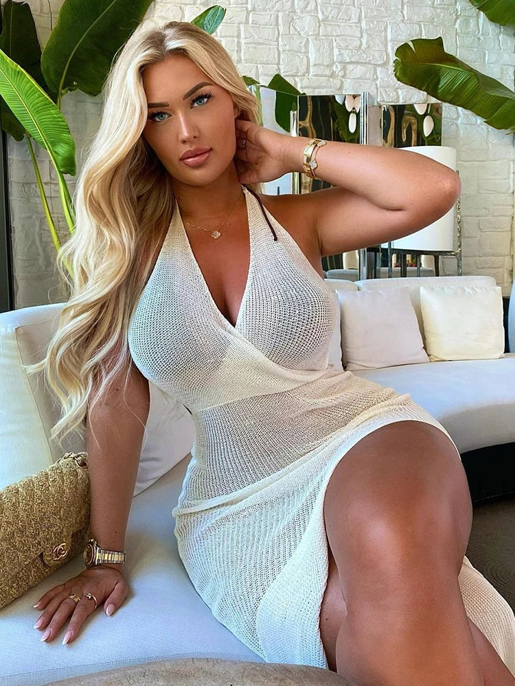 Summer Beach Dress Women V-Neck Backless Split Sexy Long Dress White Sleeveless See Through Party Vestidos 2025