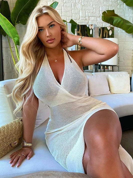 Summer Beach Dress Women V-Neck Backless Split Sexy Long Dress White Sleeveless See Through Party Vestidos 2025