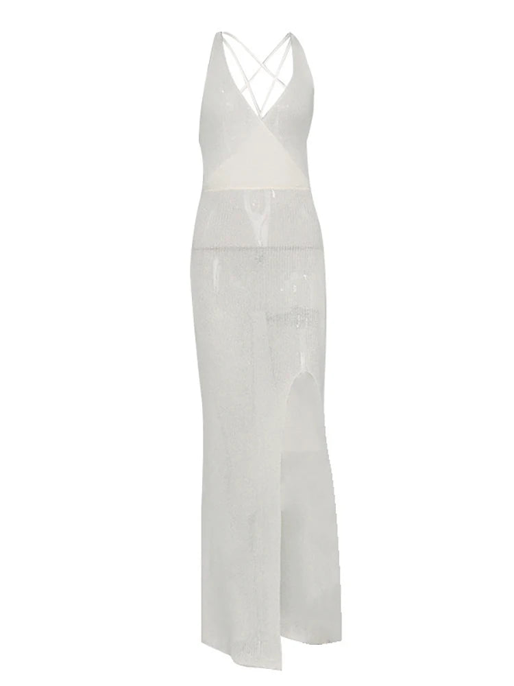Summer Beach Dress Women V-Neck Backless Split Sexy Long Dress White Sleeveless See Through Party Vestidos 2025