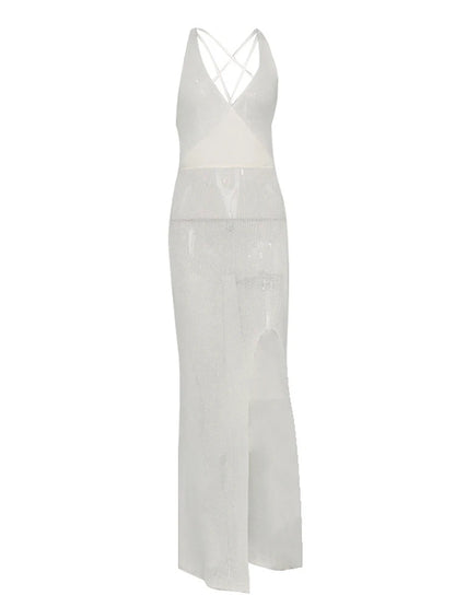 Summer Beach Dress Women V-Neck Backless Split Sexy Long Dress White Sleeveless See Through Party Vestidos 2025