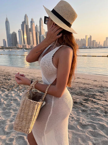 Summer Beach Dress Women V-Neck Backless Split Sexy Long Dress White Sleeveless See Through Party Vestidos 2025