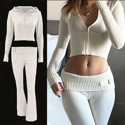 Conjunto de sudadera con capucha y cremallera informal para mujer, conjunto de pantalones acampanados de cintura alta, traje de punto rosa, conjunto de dos piezas Y2k para mujer