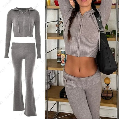 Conjunto de sudadera con capucha y cremallera informal para mujer, conjunto de pantalones acampanados de cintura alta, traje de punto rosa, conjunto de dos piezas Y2k para mujer
