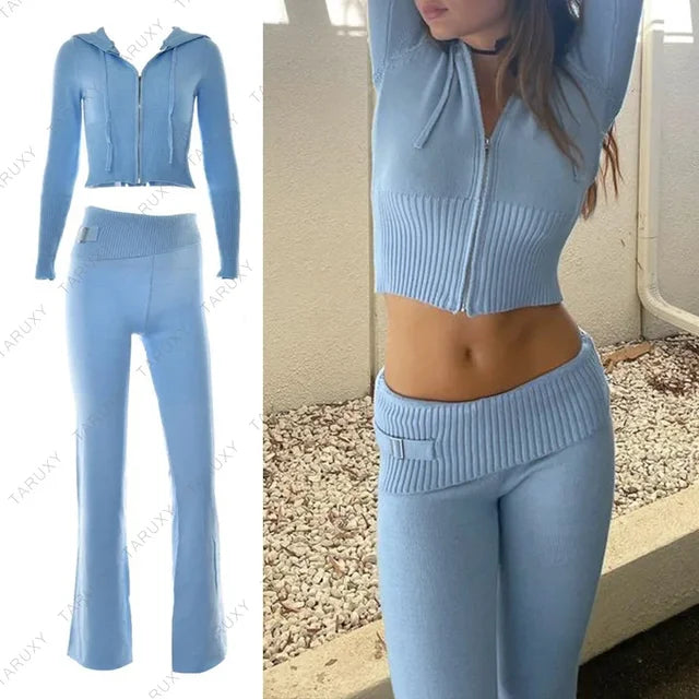 Conjunto de sudadera con capucha y cremallera informal para mujer, conjunto de pantalones acampanados de cintura alta, traje de punto rosa, conjunto de dos piezas Y2k para mujer