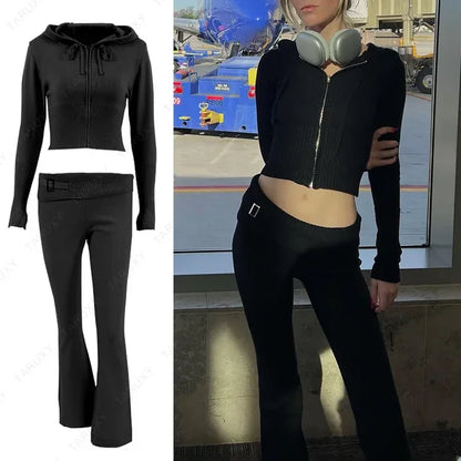 Conjunto de sudadera con capucha y cremallera informal para mujer, conjunto de pantalones acampanados de cintura alta, traje de punto rosa, conjunto de dos piezas Y2k para mujer