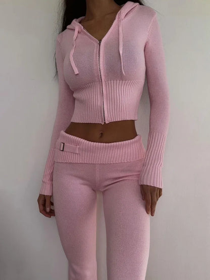 Conjunto de sudadera con capucha y cremallera informal para mujer, conjunto de pantalones acampanados de cintura alta, traje de punto rosa, conjunto de dos piezas Y2k para mujer