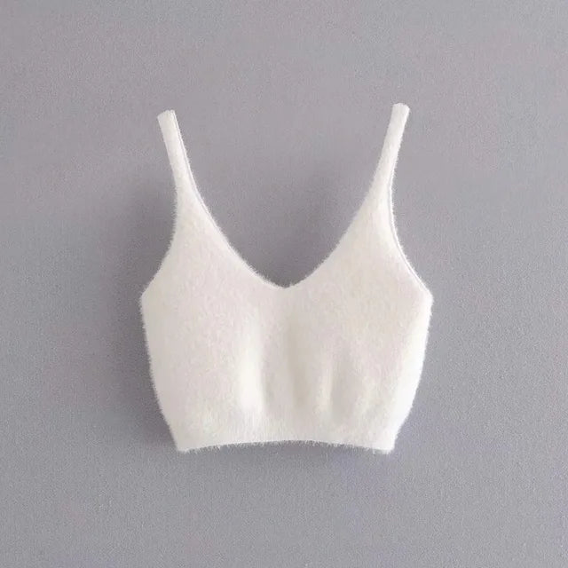 Conjuntos de dos piezas para mujer: cárdigan blanco de felpa de mohair con botones, abrigos, tops con sujetador y minipantalones cortos a juego.