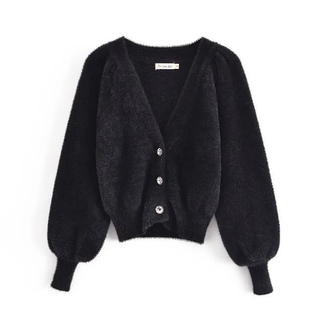 Conjuntos de dos piezas para mujer: cárdigan blanco de felpa de mohair con botones, abrigos, tops con sujetador y minipantalones cortos a juego.