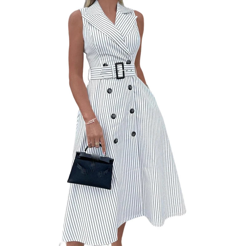 Vestido de mujer con cuello de traje sin mangas y rayas de temperamento, vestido de corte A con cinturón y doble botonadura, vestido de moda para desplazamientos diarios, nuevo para mujer