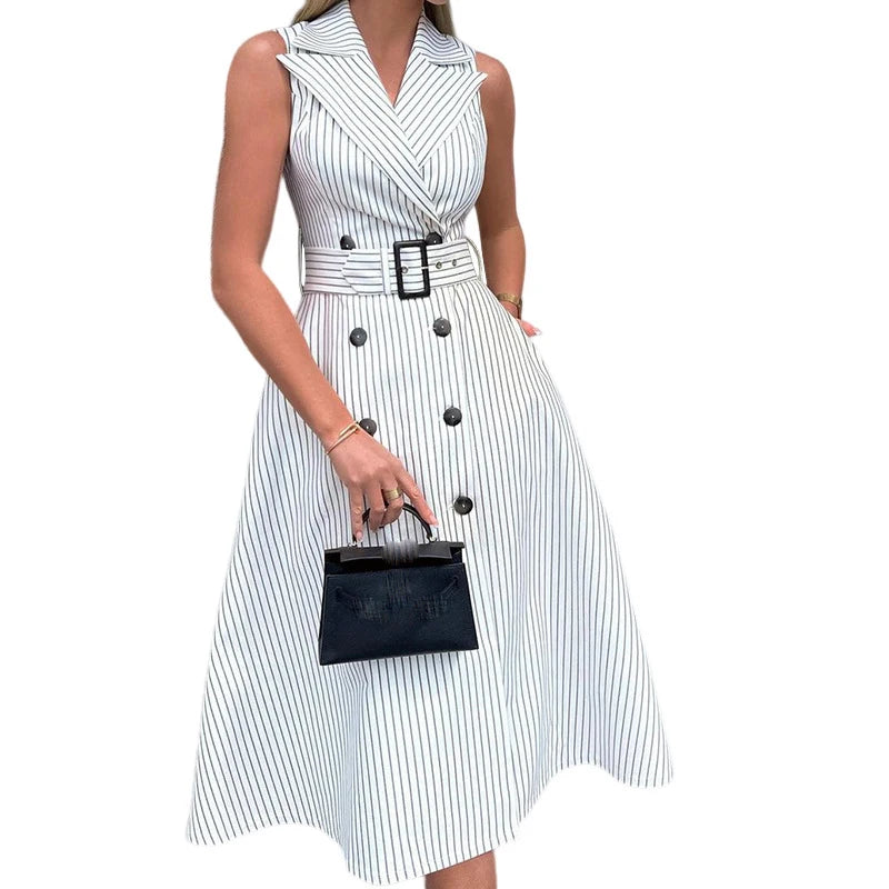 Vestido de mujer con cuello de traje sin mangas y rayas de temperamento, vestido de corte A con cinturón y doble botonadura, vestido de moda para desplazamientos diarios, nuevo para mujer