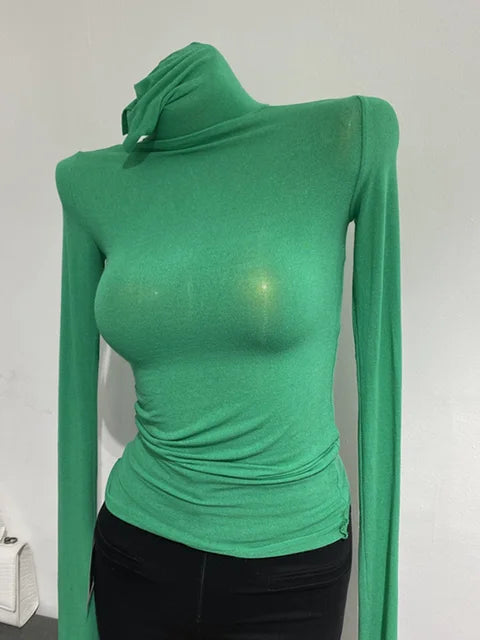 Thin Soft American Long Sleeve T-shirt High Stacked Neck Tight Perspective Bottom Shirt Women’s Slim Fit Tops Sexy Streetwear