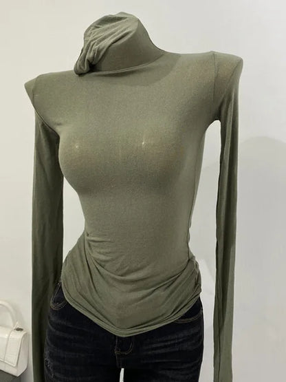 Thin Soft American Long Sleeve T-shirt High Stacked Neck Tight Perspective Bottom Shirt Women’s Slim Fit Tops Sexy Streetwear