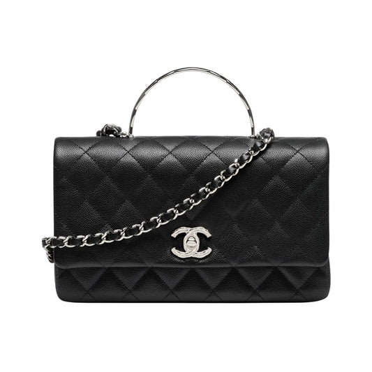 CHANEL SMALL FLAP BAG WITH TOP HANDLE SILVER TONE METAL BLACK 19CM AS5555 B20557 94305