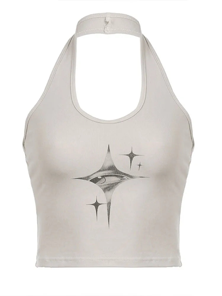 Top para mujer, chaleco con tirantes y cuello colgante con estampado retro de ojos de diablo Y2k, moda coreana de verano para mujer, top corto ajustado y adelgazante