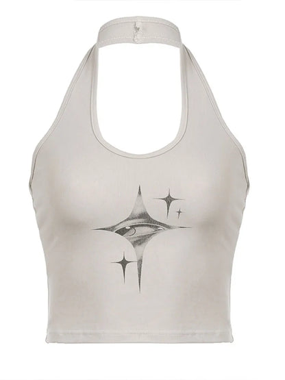 Top para mujer, chaleco con tirantes y cuello colgante con estampado retro de ojos de diablo Y2k, moda coreana de verano para mujer, top corto ajustado y adelgazante