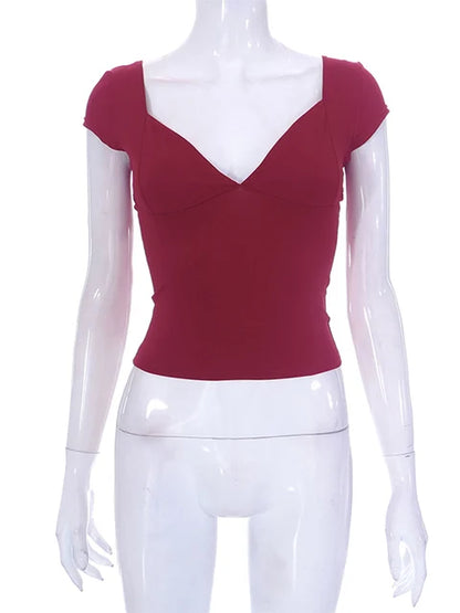 Tops for Women Fairy Grunge Clothes Sweet Solid Color V Neck Short Sleeve Tanks 2000s Aesthetic T Shirt Streetwear